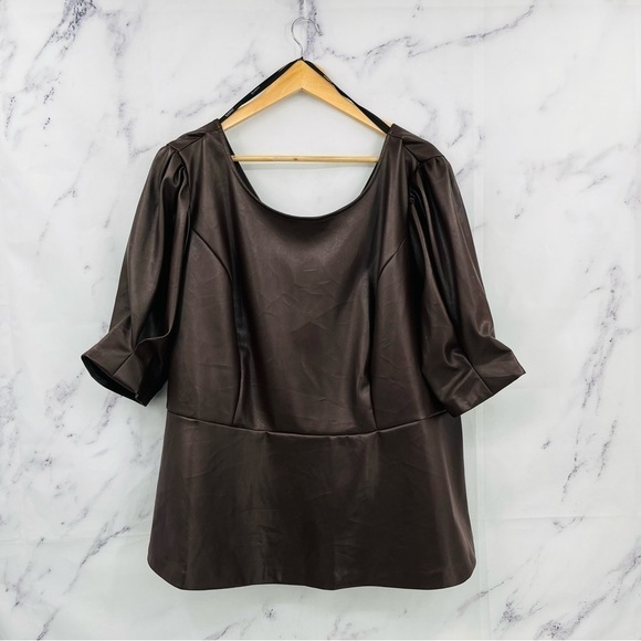 G031 Eloquii Faux Leather Puff Sleeve Peplum Top Brown - Picture 3 of 6